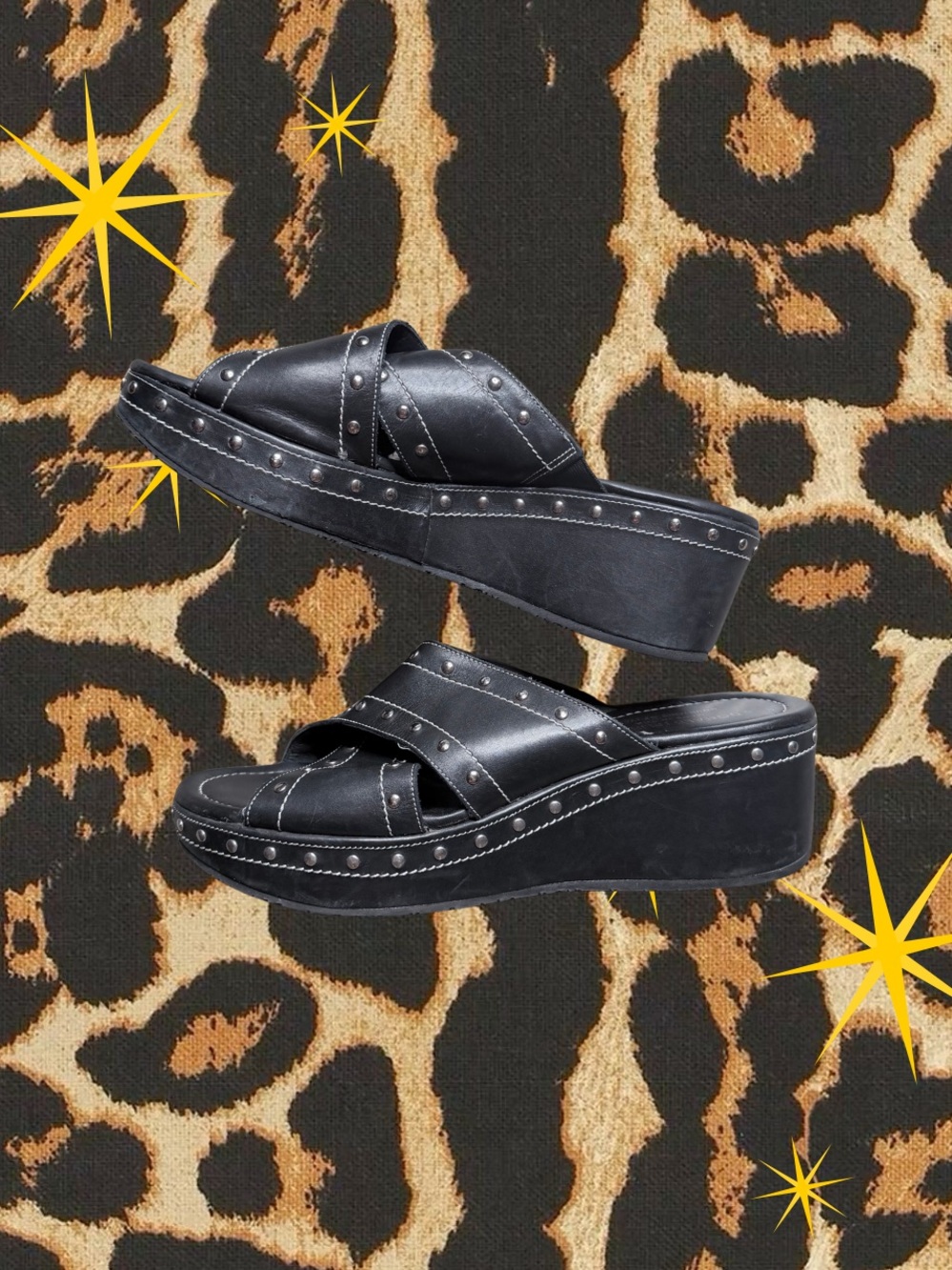 DONALD J PLINER |  Black Leather Studded Cross Strap Wedge Sandals Size 8.5 EUC